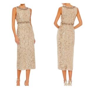 Mac Duggal 10739 Gold Sequin Embellished High Neck Sleeveless Midi Dress Size 4